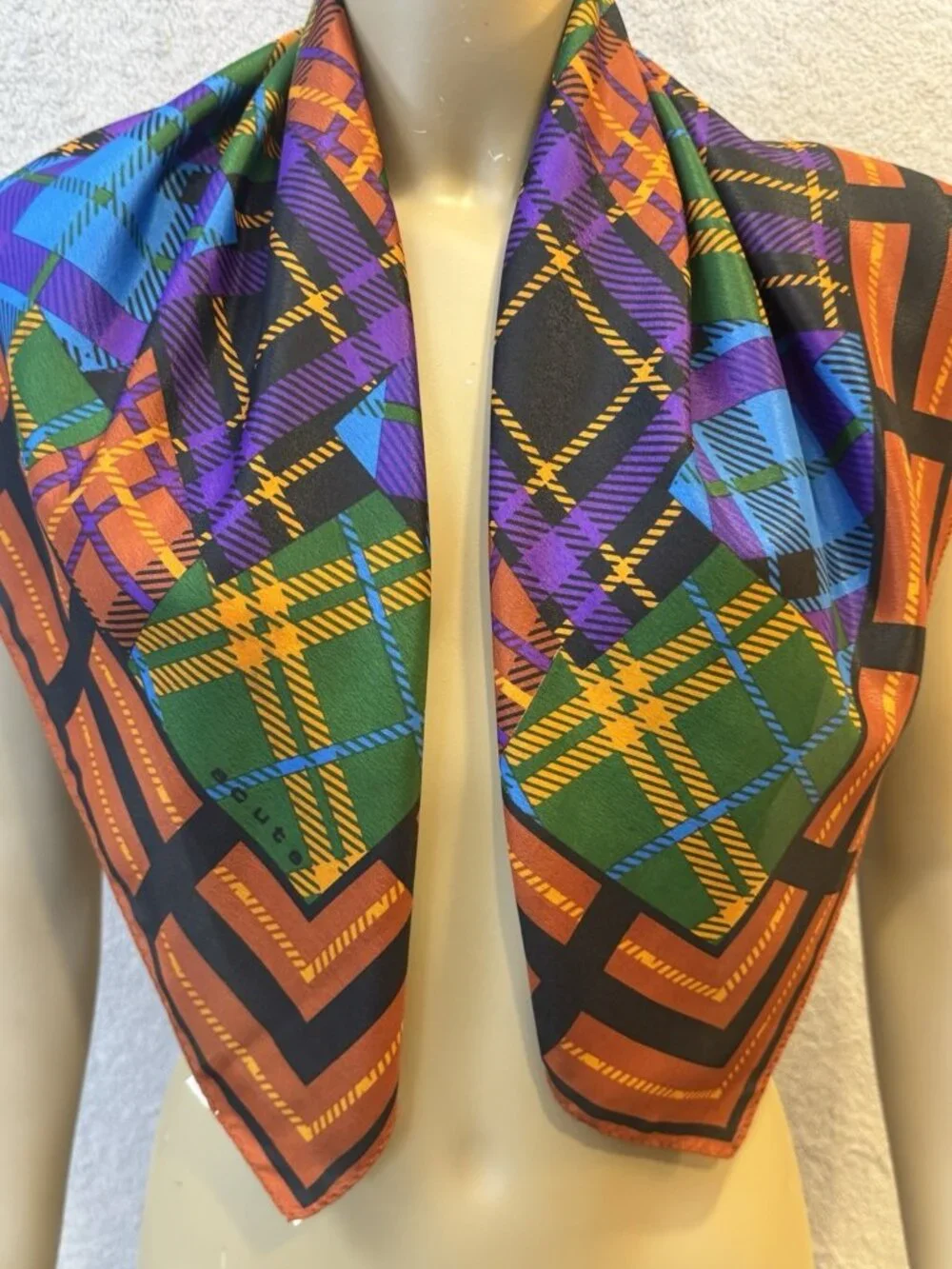 VTG Acute Scarf, Korea, 1980's, Vibrant Multi-Colored Patchwork Plaid 30